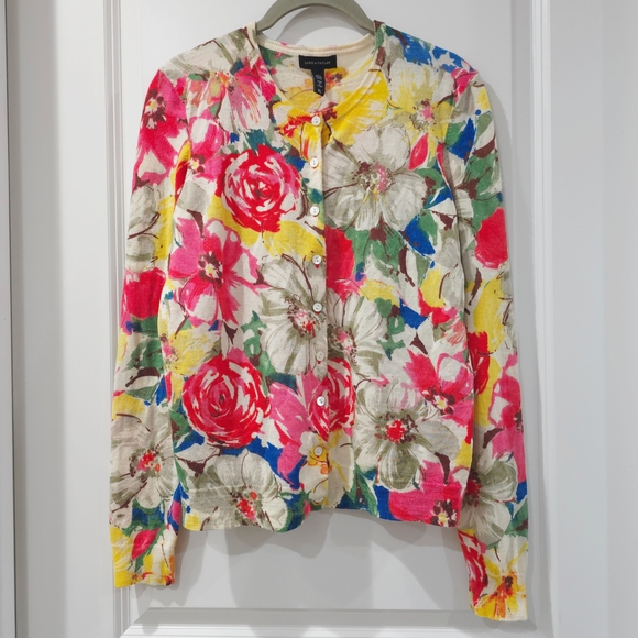 Lord & Taylor Multicolor Floral 100% Merino Wool Buttong Front Cardigan, XL - Picture 3 of 13